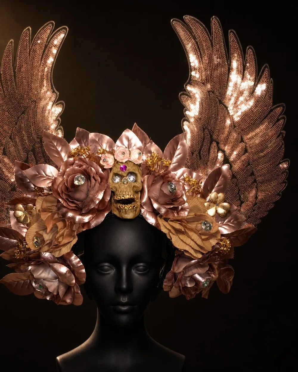 Alas de Amanecer: tocado con alas rosa dorado y calavera con gema