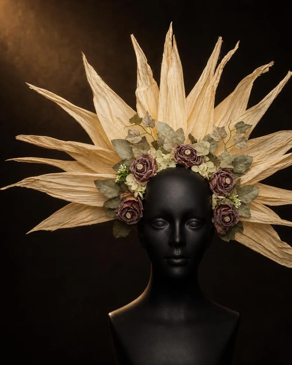Alma de Milpa: tocado de hojas de maíz secas con rosas malva