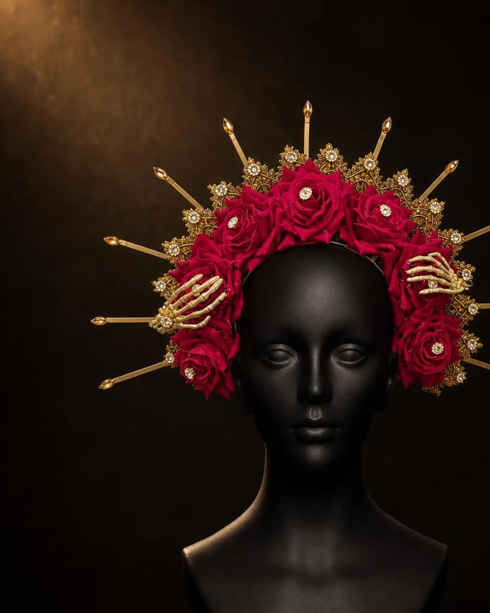 Carmín Real: corona de rosas fucsia con manos de esqueleto doradas