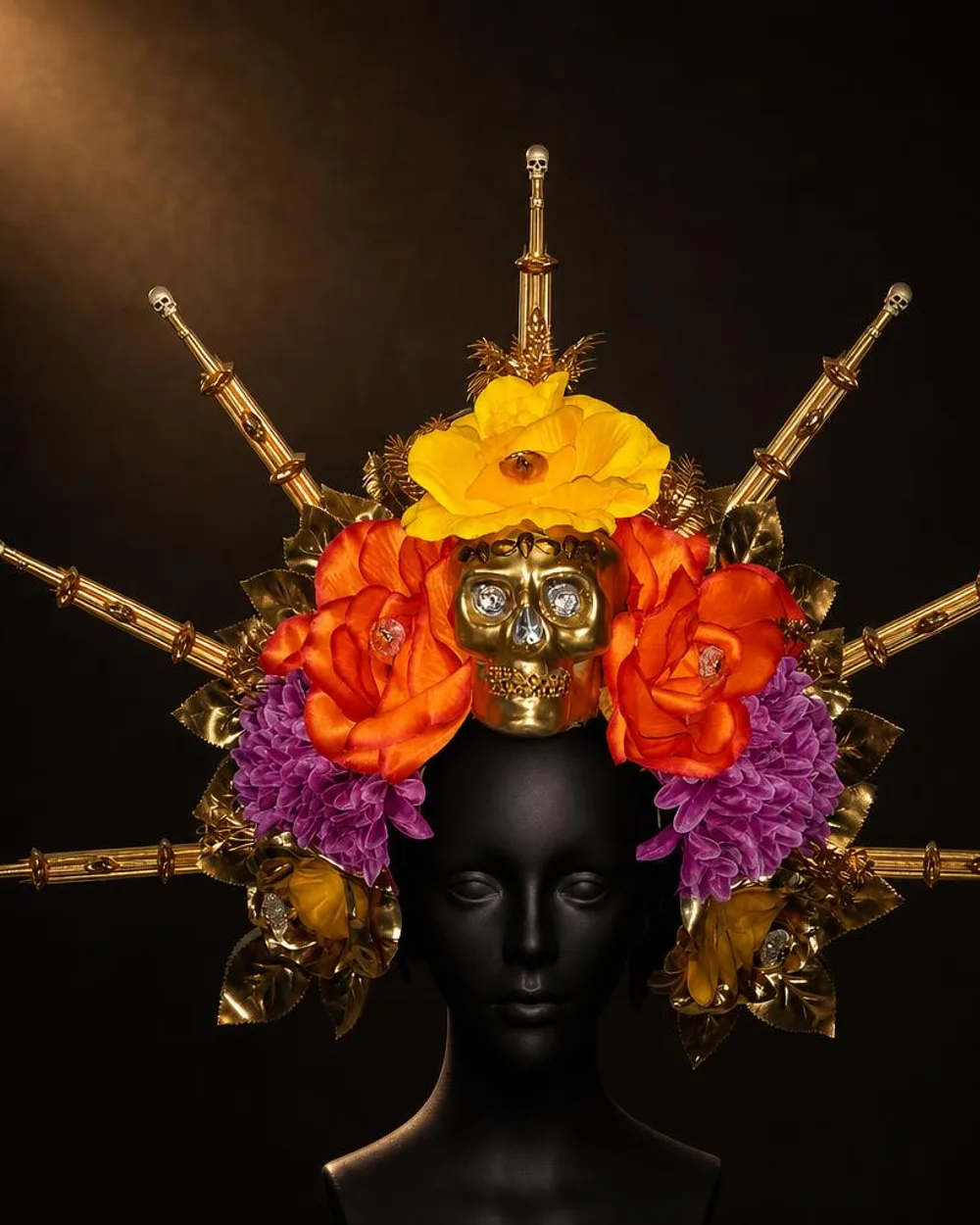 Corona Fiesta: calavera dorada entre rosas amarillas, naranjas y moradas