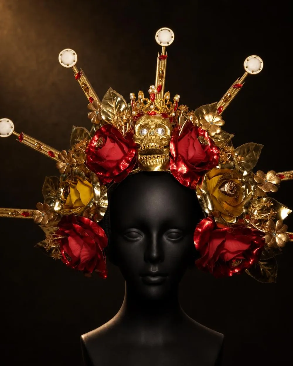 Majestad Dorada: corona roja y dorada con calavera coronada de perlas