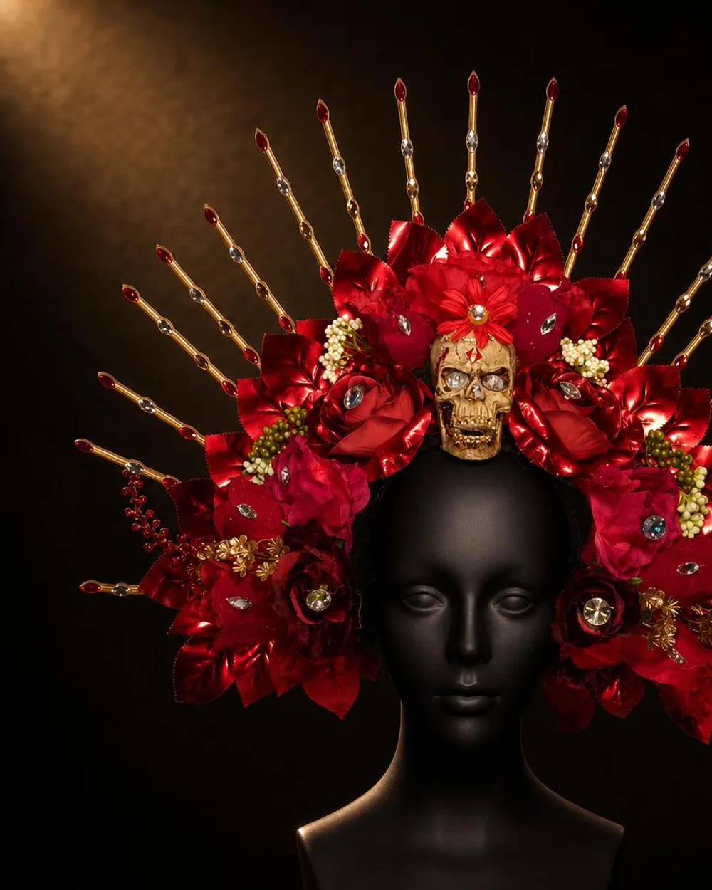 Rosas de Otoño: corona roja y granate con calavera floral